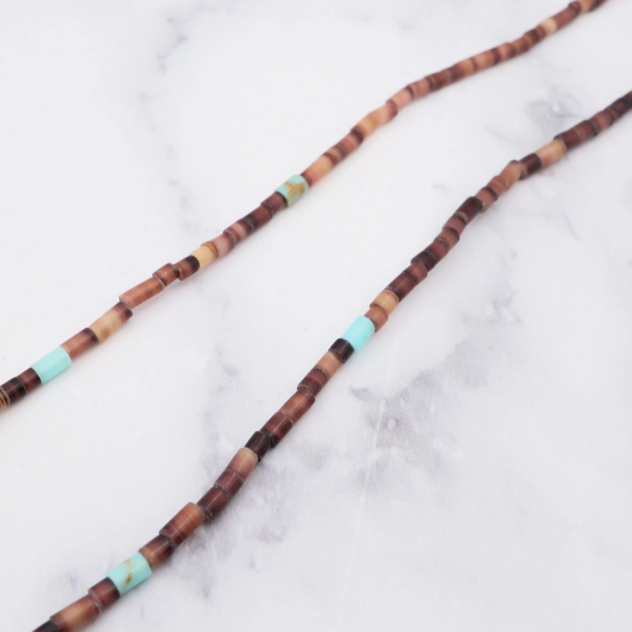 Native American carved rhodonite bear fetish necklace w/ heishi and turquoise beads, 32"